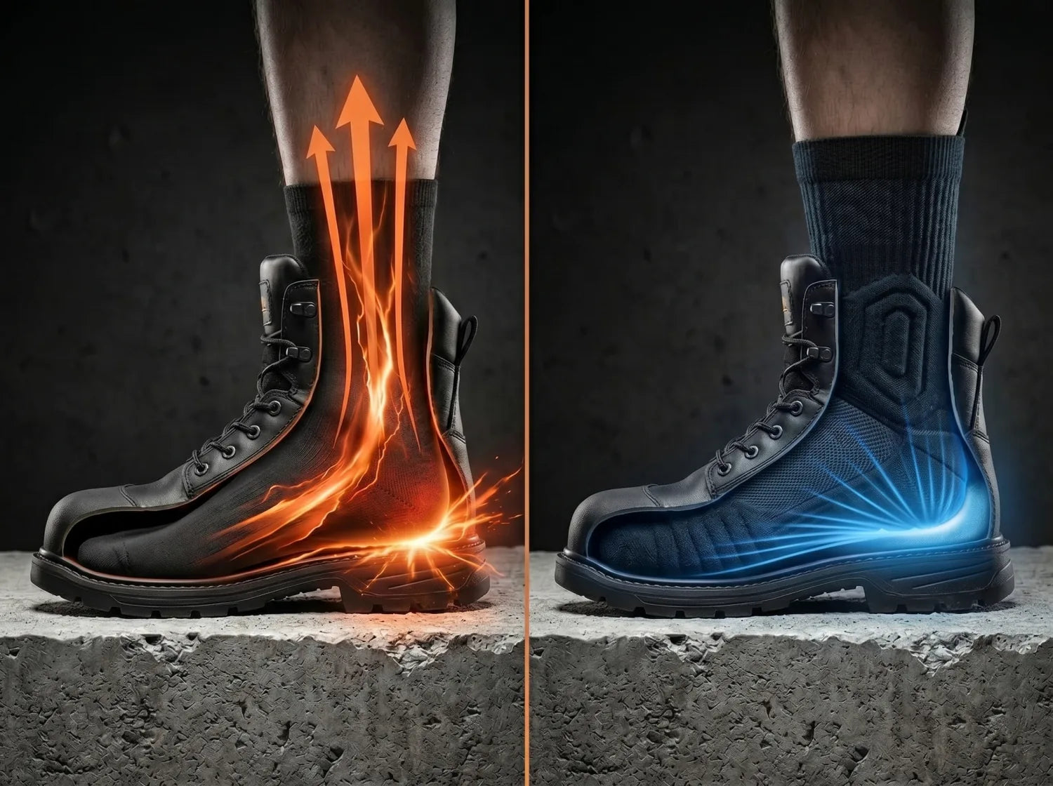 Impact test: a regular work sock lets the shock travel up the leg, while the SlabProof Tech Sock disperses it across the whole sole
