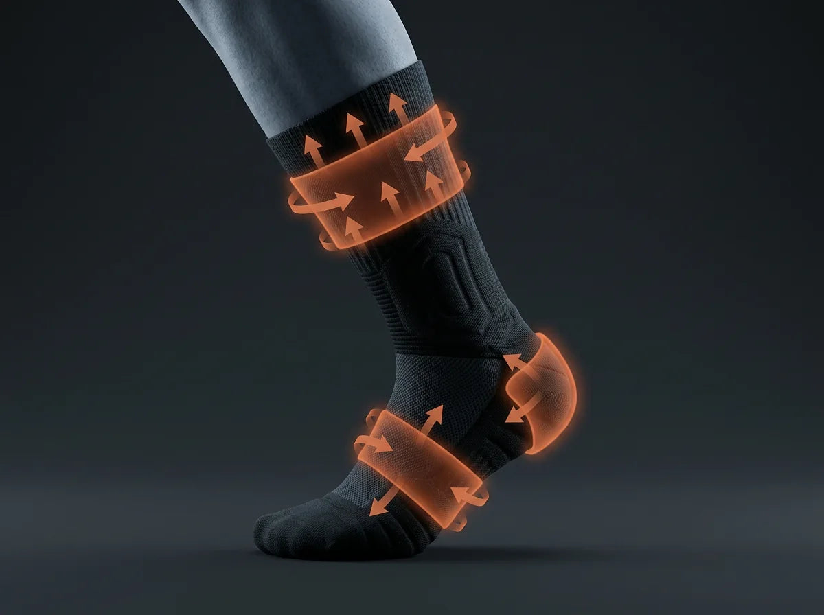 Where the SlabProof Tech Sock holds: a wide grip band at the cuff, an arch-lock band, and a heel cup keep it up without choking the calf